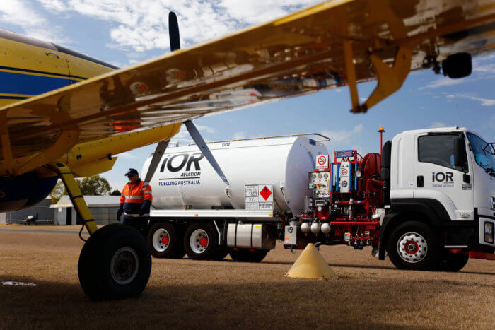 IOR Aviation truck delivering Avags and Jet A1 fuel to airport with plane