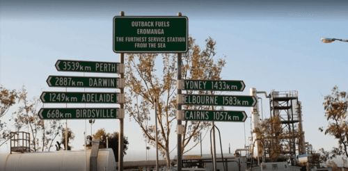 Outback Fuels Eromanga the furthest service station from the sea sign with signs showing distance to Australia's major cities