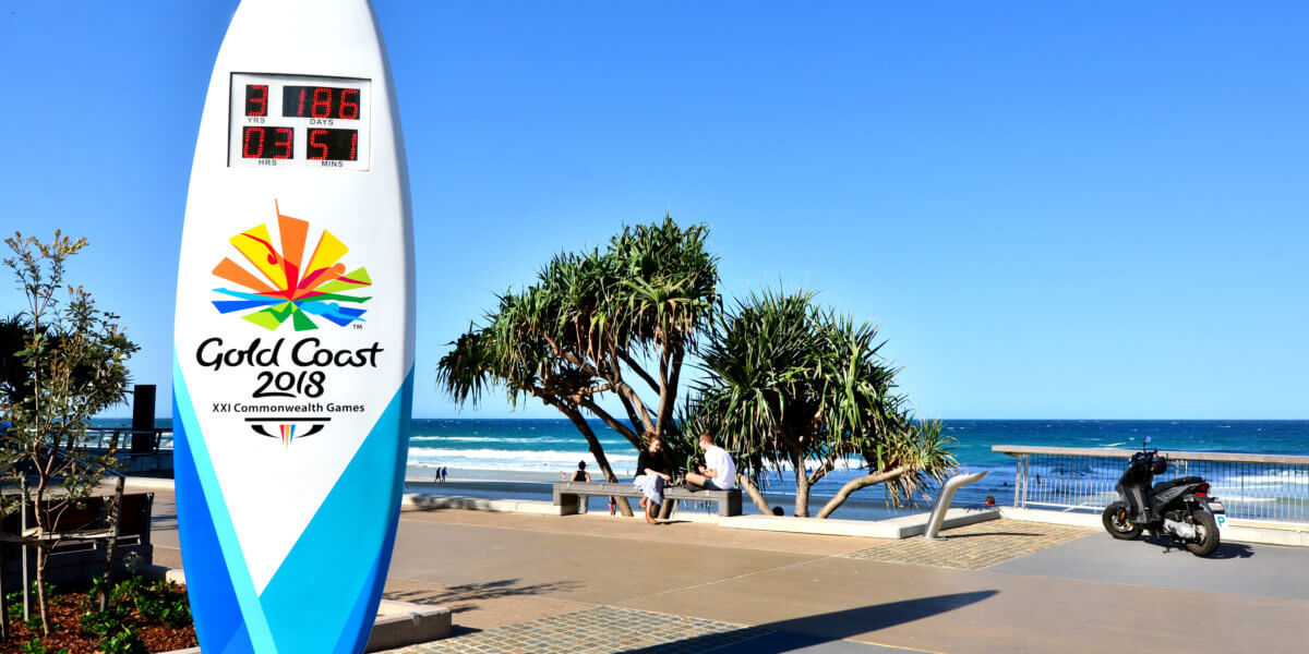 Gold Coast 2018 Commonwealth Games countdown surfboard at Surfers Paradise